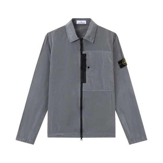 Stone Island Nylon Metal Econyl grey overshirt with full zip and compass badge.