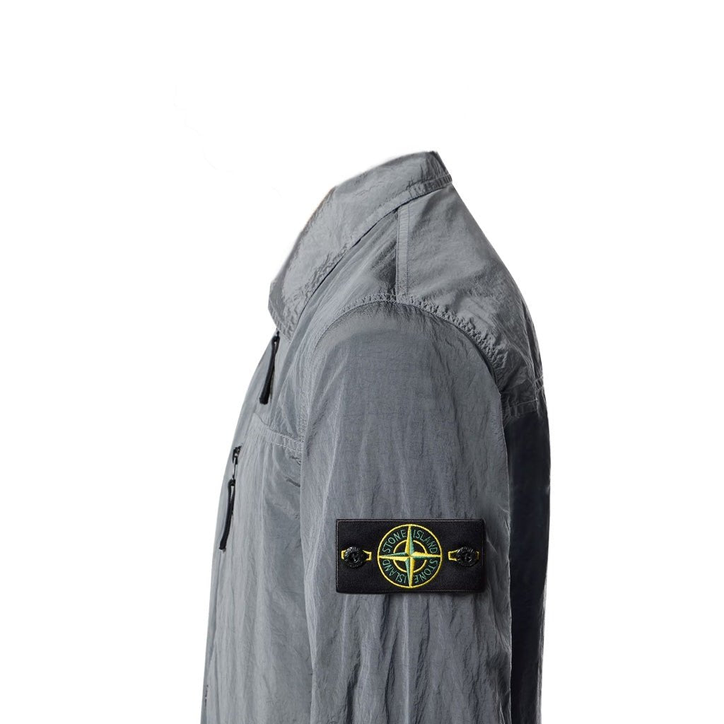 Stone Island Nylon Metal Econyl grey overshirt side profile with compass badge.