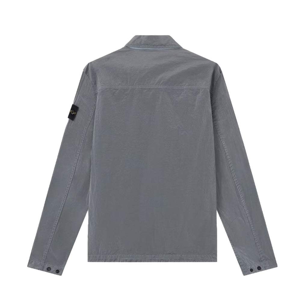 Stone Island Nylon Metal Econyl grey overshirt back view with full zip and compass badge.
