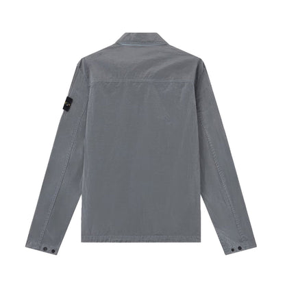 Stone Island Nylon Metal Econyl grey overshirt back view with full zip and compass badge.