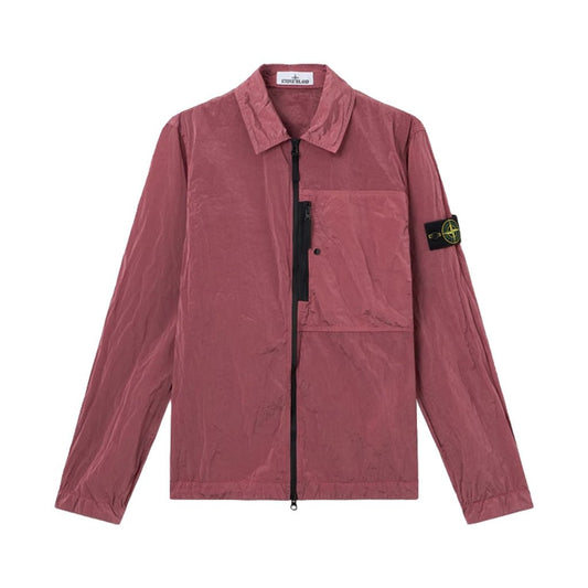 Stone Island Nylon Metal Econyl pink overshirt back view with full zip and compass badge.