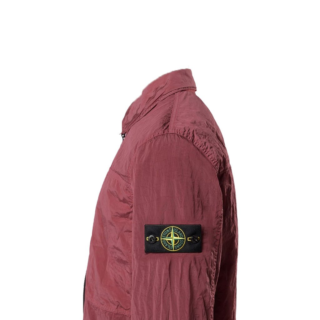 Stone Island Nylon Metal Econyl pink overshirt side profile with compass badge.