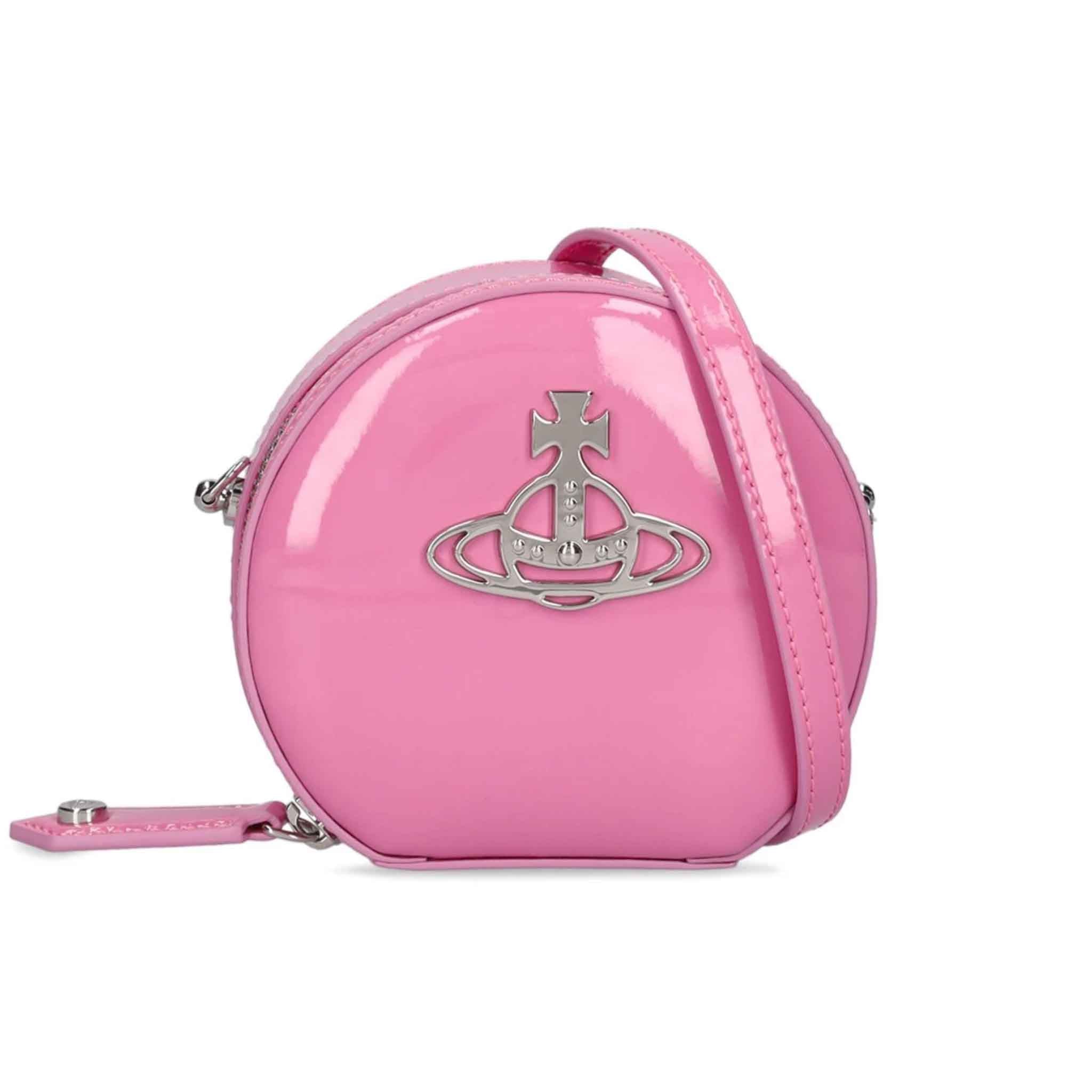 Vivienne Westwood Shiny Patent Mini Round Crossbody in PinkHandbagsVivienne WestwoodDPUS8050889299004Vivienne Westwood Shiny Patent Mini Round Crossbody in Pink