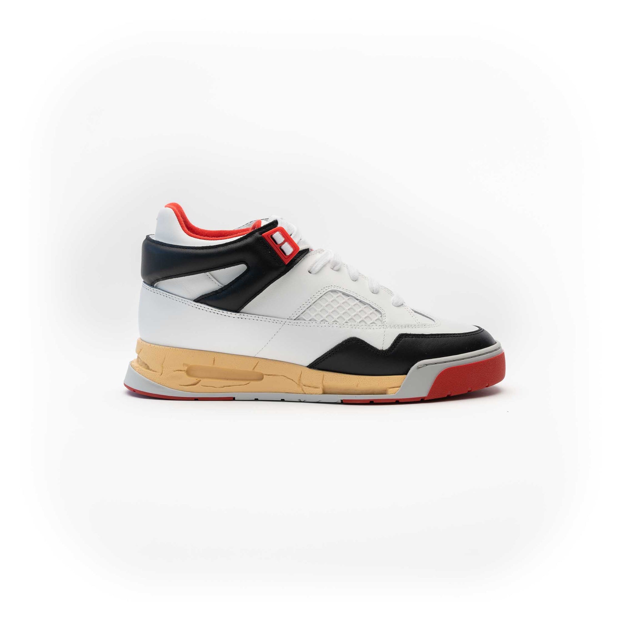 Mid-high paneled buffed leather sneakers in red, white, and black. Round toe. Lace-up closure in white. Logo embossed at padded tongue. Padded collar. Signature white stitch and leather trim in black at heel collar. Textile lining in red. Textured rubber midsole in tan, grey, and red. Treaded rubber outsole in grey and red.