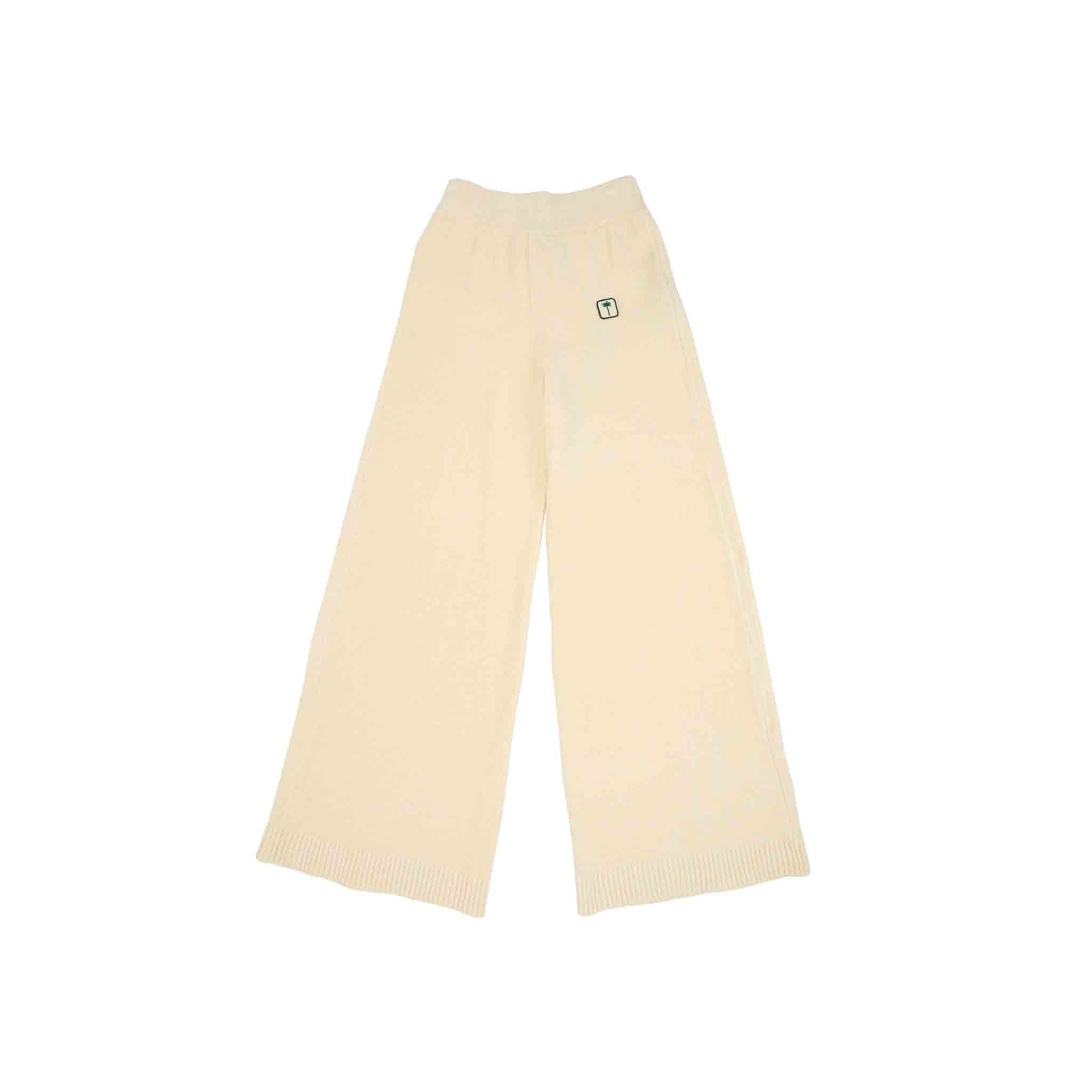 Add some luxe to your casual wardrobe with these Palm Angels track pants. Made from a soft chenille fabric in a crisp off-white shade, these pants are a stylish choice for any occasion. The elasticated waistband and wide leg silhouette provide a comfortable fit, while the logo patch to the side adds a touch of branding. Made from a blend of polyester, viscose, and cotton, these pants are both stylish and comfortable.