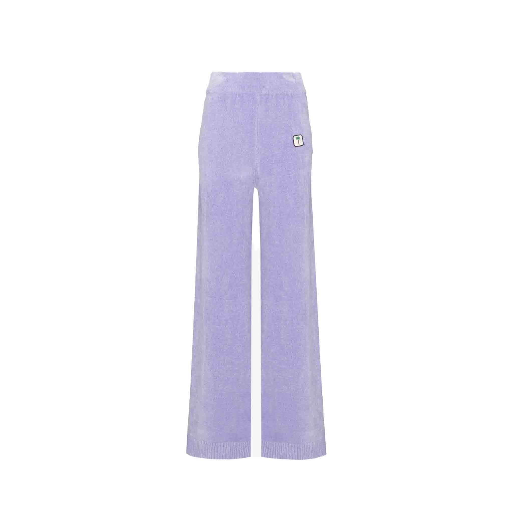 Get ready to elevate your casual style with these Palm Angels track pants. Made from a soft chenille fabric in a beautiful lilac shade, these pants are sure to become a go-to in your wardrobe. The elasticated waistband and wide leg silhouette provide a comfortable fit, while the logo patch to the side adds a touch of branding. Made from a blend of polyester, viscose, and cotton, these pants are both stylish and comfortable.