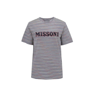 This Missoni short sleeve t-shirt is a stylish and comfortable choice for any occasion. With navy stripes and the Missoni 'spellout' across the front, it's both fashionable and unique. Made from 100% cotton, it's soft and breathable, making it perfect for warm weather. This t-shirt fits true to size, ensuring a comfortable and flattering fit.