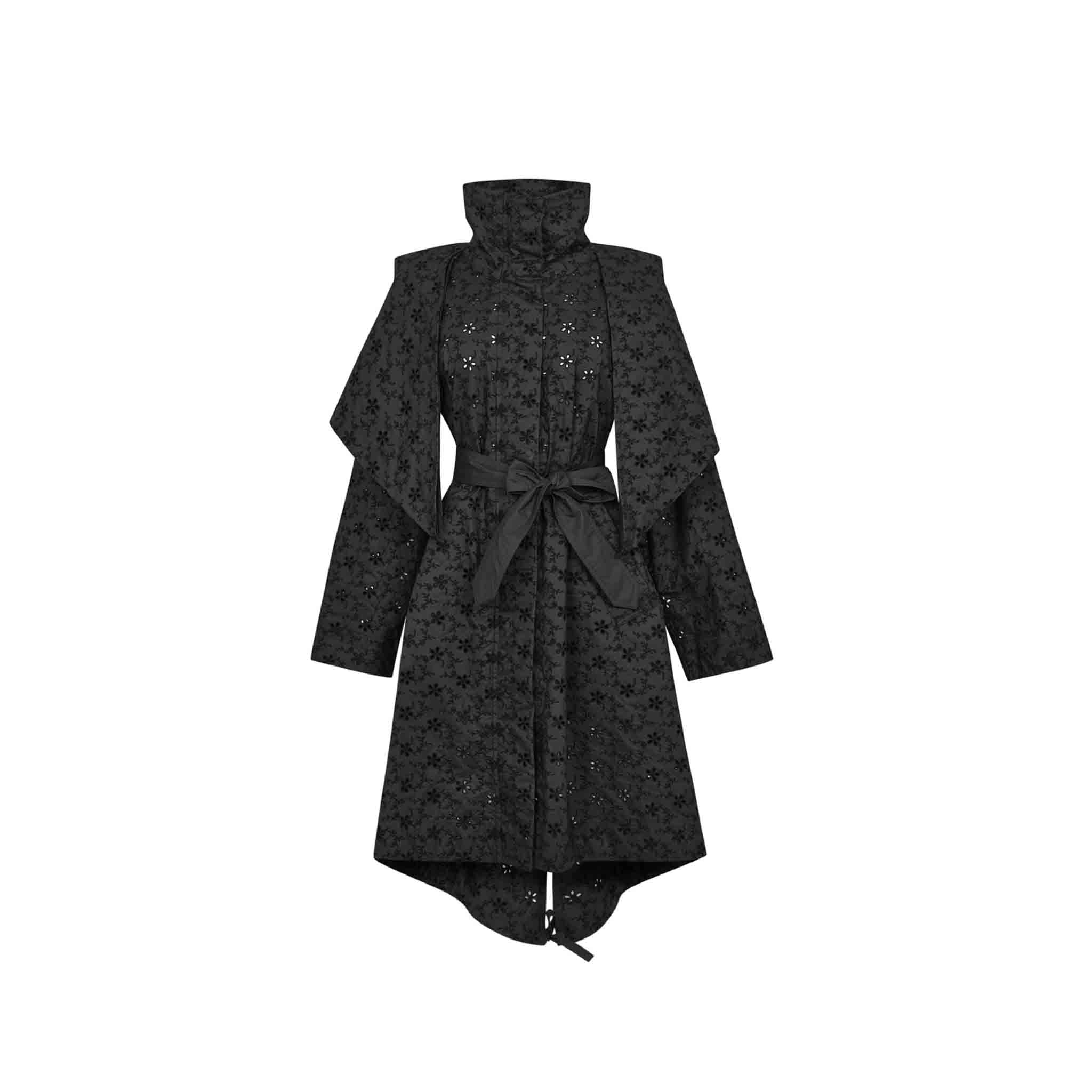 This parka from Moncler Genius's 2 Moncler 1952 collection is made from pure cotton in black. It features broderie anglaise florals and a tonal belt cinching the waist to create an hourglass silhouette. Moncler Genius 2 MONCLER 1952 broderie anglaise cotton parka.