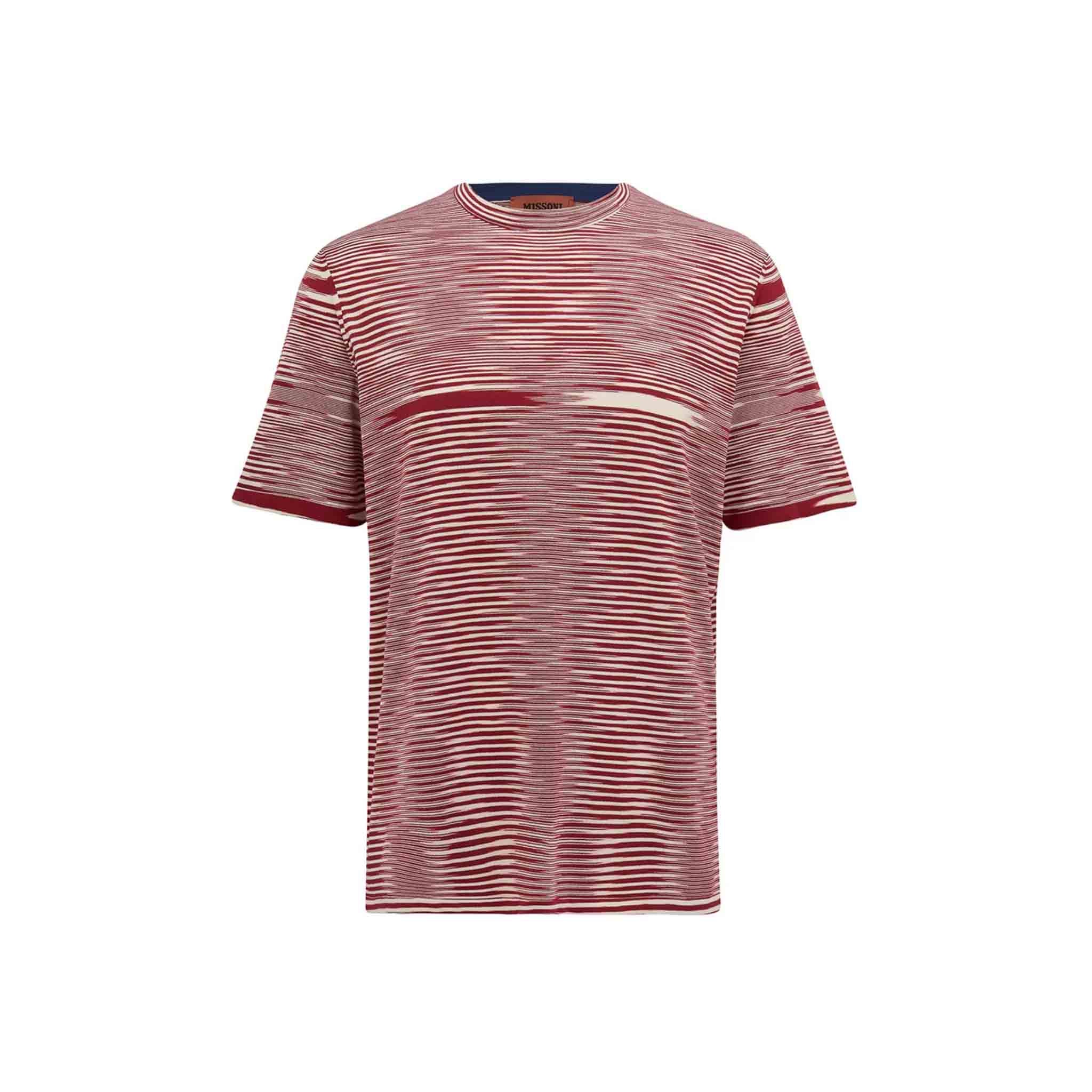 This Missoni short sleeve t-shirt features the brand's iconic striped pattern in a red and beige colorway. Made of 100% cotton, it has a comfortable, relaxed fit that is true to size. The classic crew neck design makes it perfect for any casual occasion. Whether paired with jeans or shorts, this shirt is sure to make a statement.