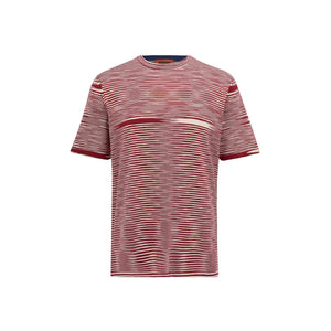 This Missoni short sleeve t-shirt features the brand's iconic striped pattern in a red and beige colorway. Made of 100% cotton, it has a comfortable, relaxed fit that is true to size. The classic crew neck design makes it perfect for any casual occasion. Whether paired with jeans or shorts, this shirt is sure to make a statement.