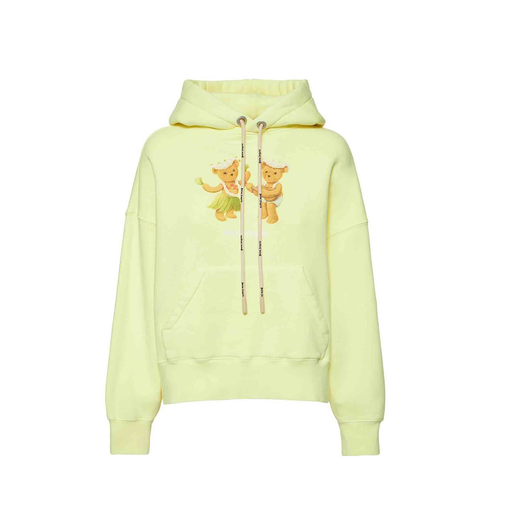 Stay stylish and comfortable in this Palm Angels hoodie. The cuffed long sleeves and regular fit provide a comfortable and relaxed fit, while the yellow fluo shade adds a pop of color. The hood adds a touch of practicality and the dancing bear graphic adds a touch of fun. Made from 100% cotton, this hoodie is both comfortable and lightweight. Perfect for any casual occasion.